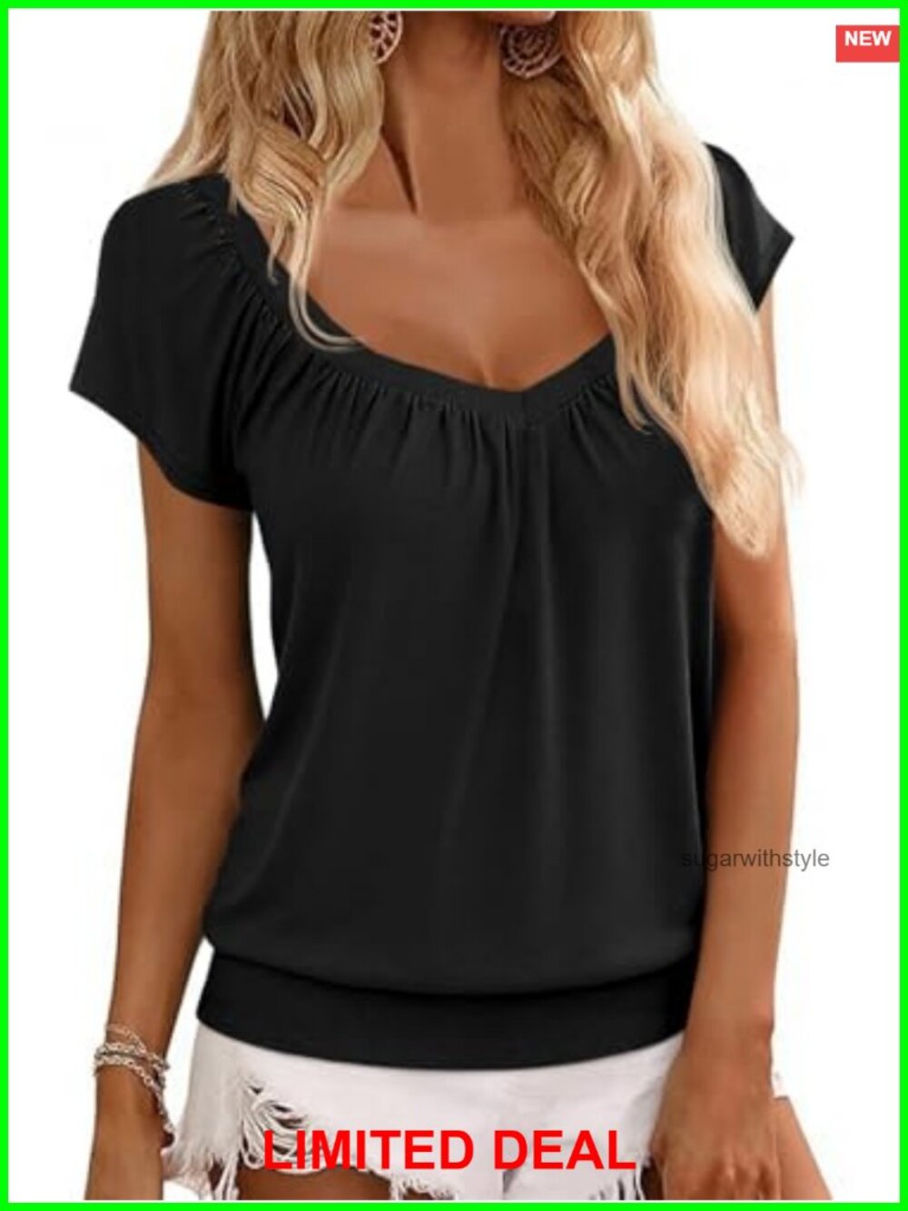 Womens V Neck Cap Sleeve Summer T Shirt Banded Bottom Loose Fit Ribbed Top